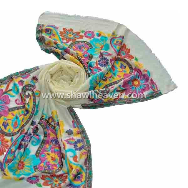 Designer fine wool kani shawl with colorful floral paisley border